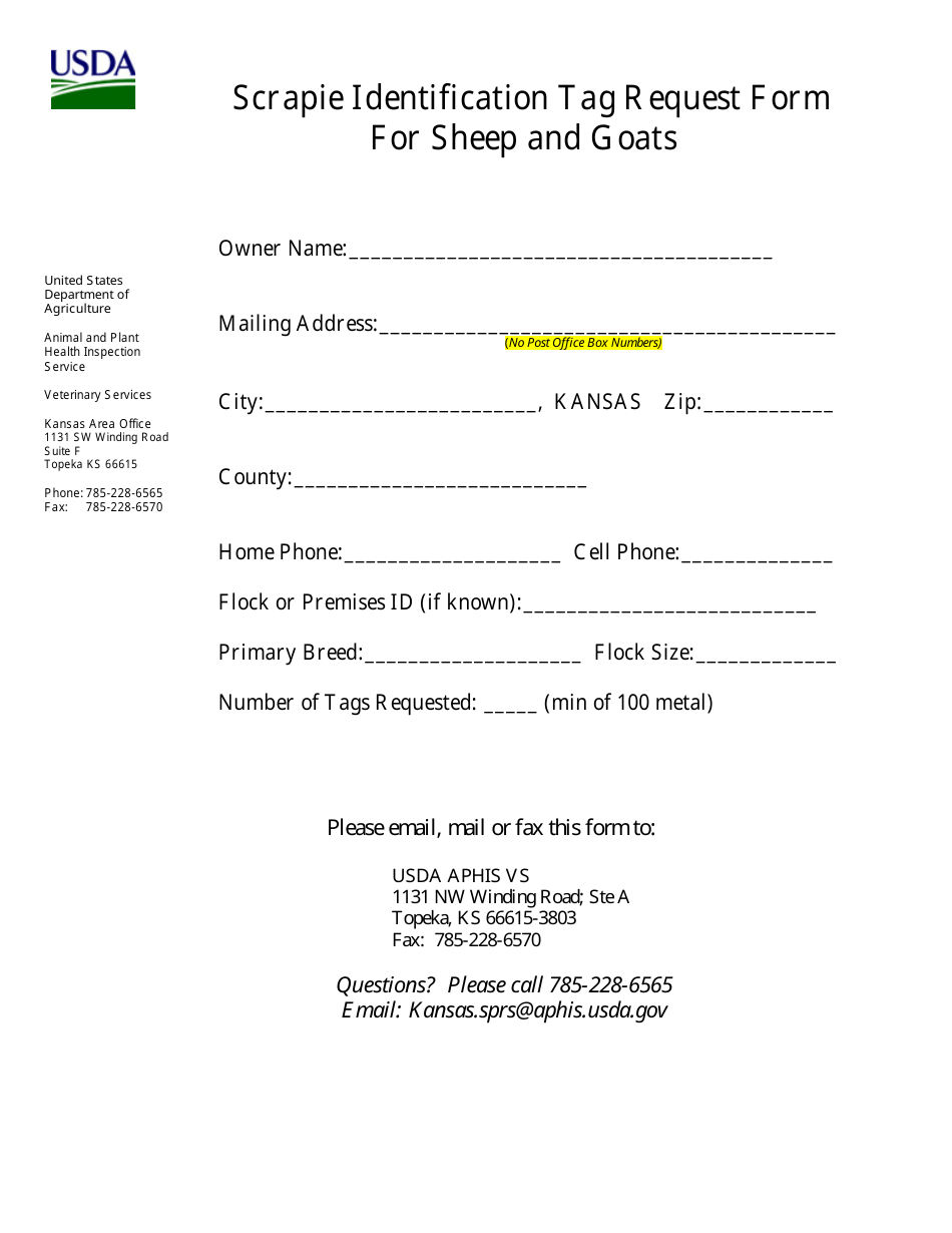 Kansas Scrapie Identification Tag Request Form for Sheep and Goats