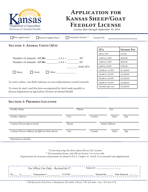 Application for Kansas Sheep / Goat Feedlot License - Kansas Download Pdf