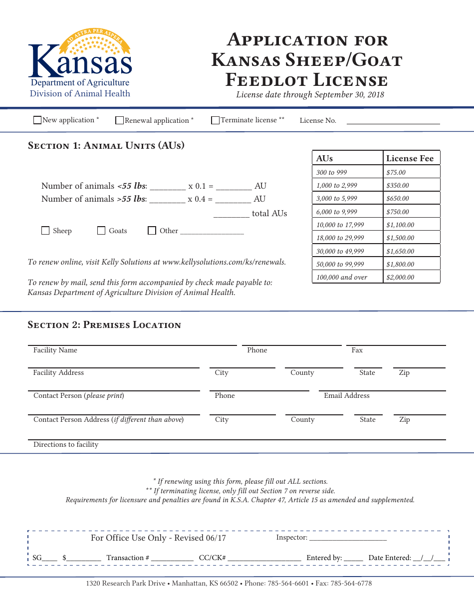 Application for Kansas Sheep / Goat Feedlot License - Kansas, Page 1