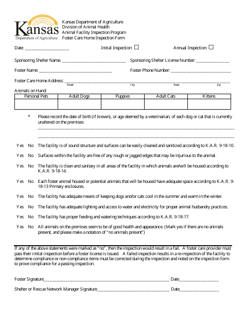 Foster Care Home Inspection Form - Kansas Download Pdf