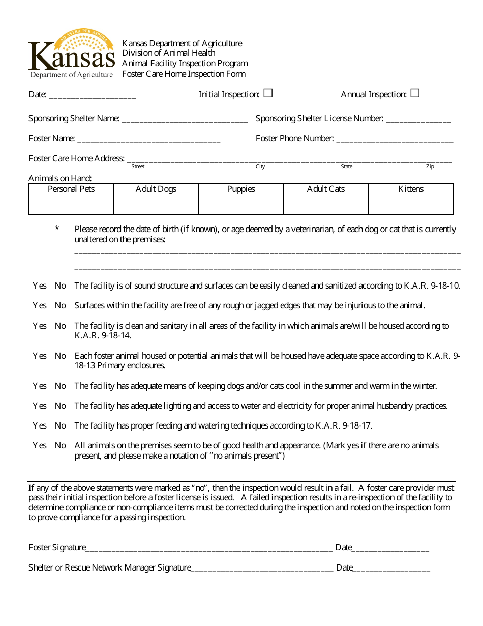 Foster Care Home Inspection Form - Kansas, Page 1