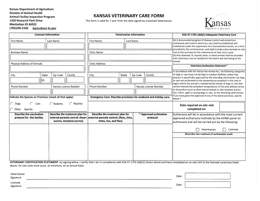 Kansas Veterinary Care Form - Kansas Download Pdf