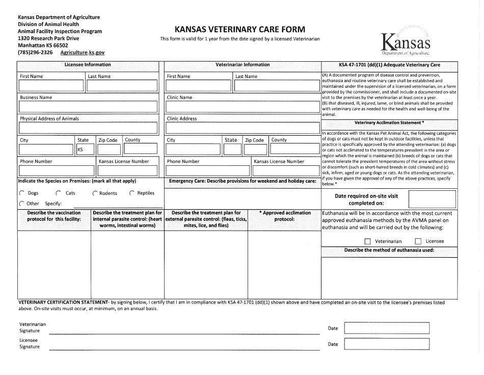 Kansas Kansas Veterinary Care Form Fill Out, Sign Online and Download