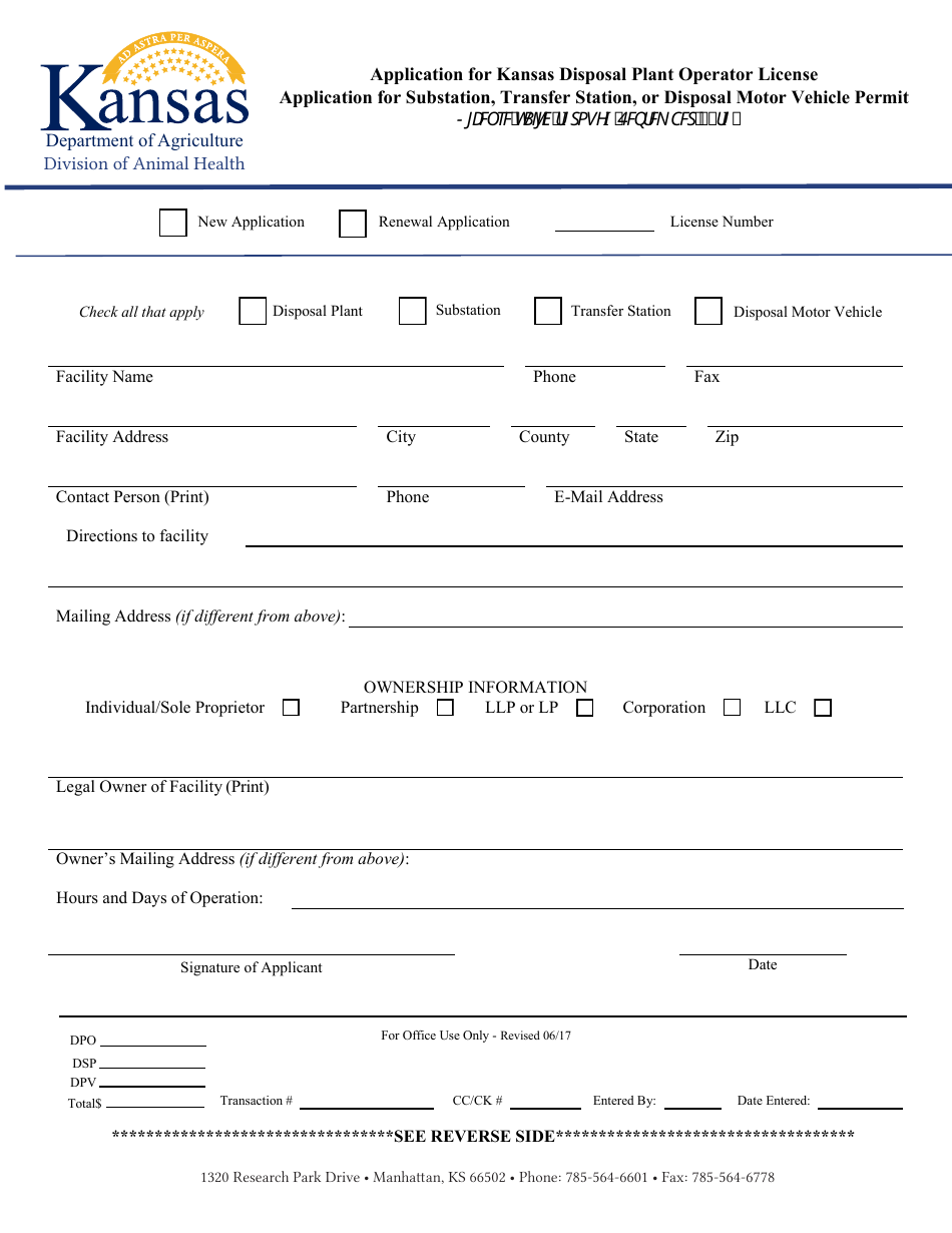 Application for Kansas Disposal Plant Operator License - Application for Substation, Transfer Station, or Disposal Motor Vehicle Permit - Kansas, Page 1