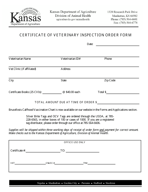 Certificate of Veterinary Inspection Order Form - Kansas