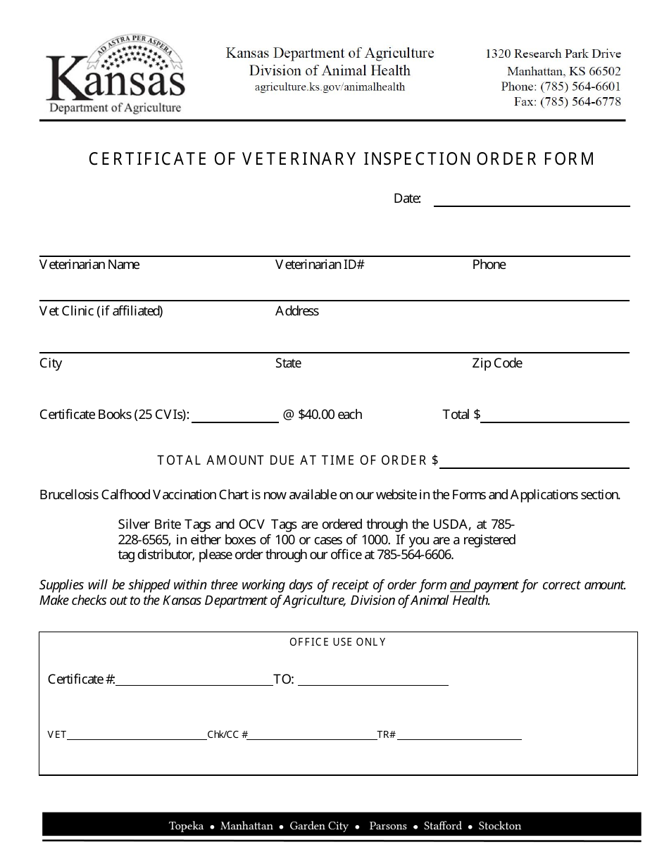 Certificate of Veterinary Inspection Order Form - Kansas, Page 1