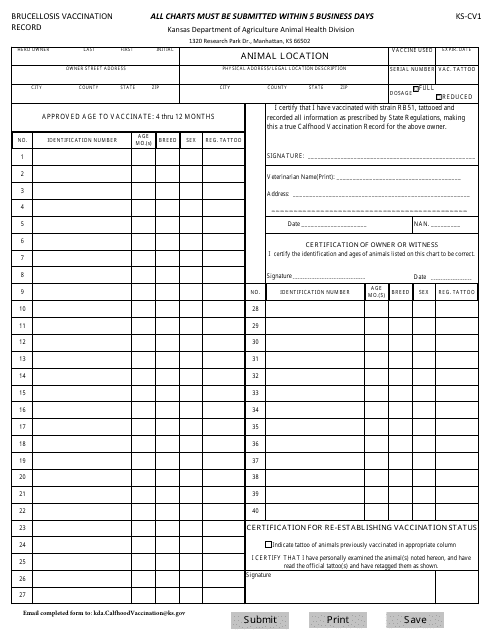 Form KS-CV1 Brucellosis Vaccination Record - Kansas