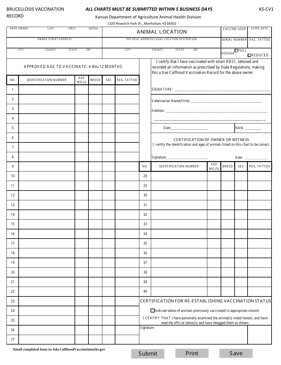 Form KS-CV1 Brucellosis Vaccination Record - Kansas, Page 1