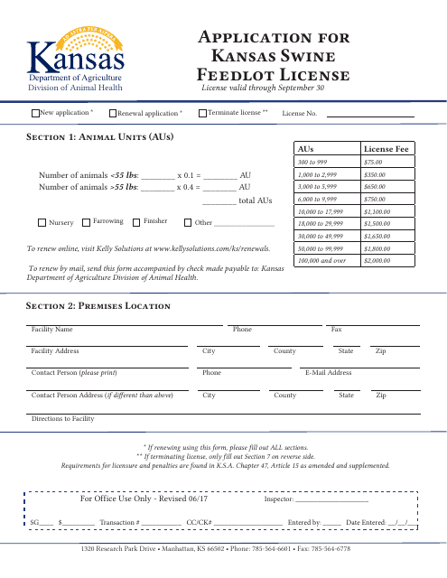 Application for Kansas Swine Feedlot License - Kansas