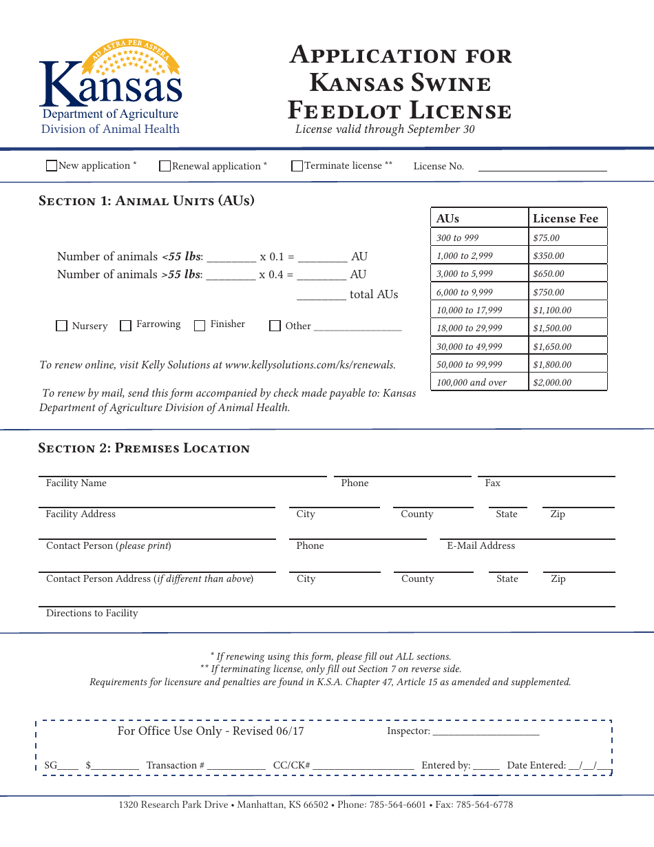 Application for Kansas Swine Feedlot License - Kansas, Page 1