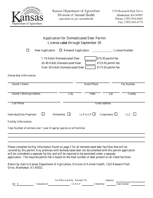 Application for Domesticated Deer Permit - Kansas Download Pdf