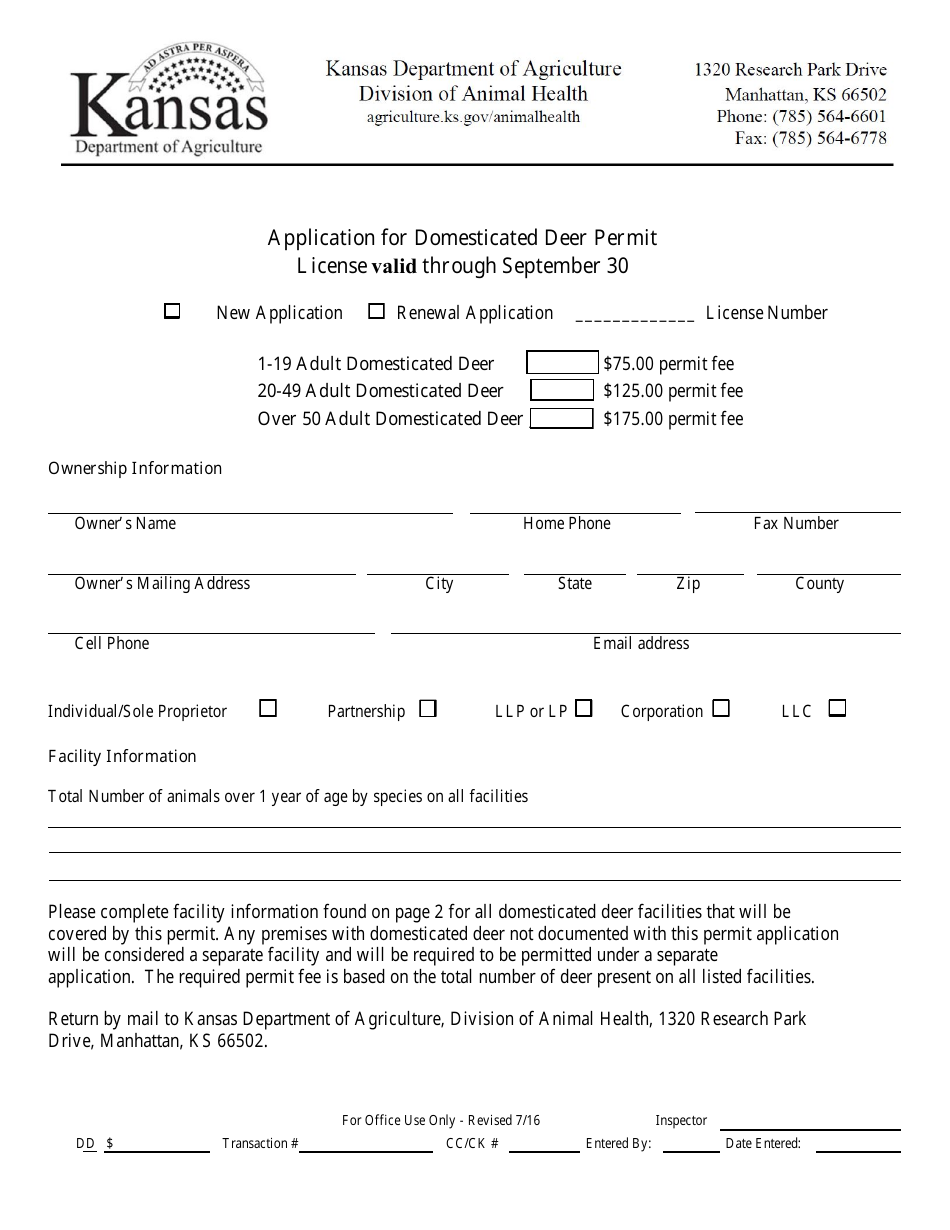Kansas Application for Domesticated Deer Permit Download Fillable PDF