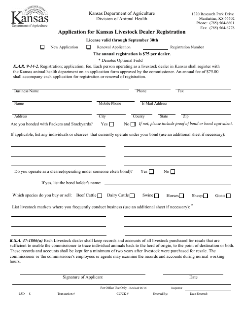 Application for Kansas Livestock Dealer Registration - Kansas