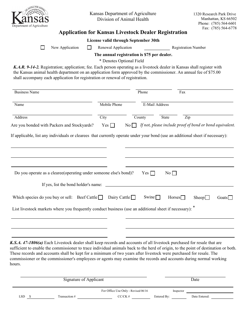 Application for Kansas Livestock Dealer Registration - Kansas, Page 1