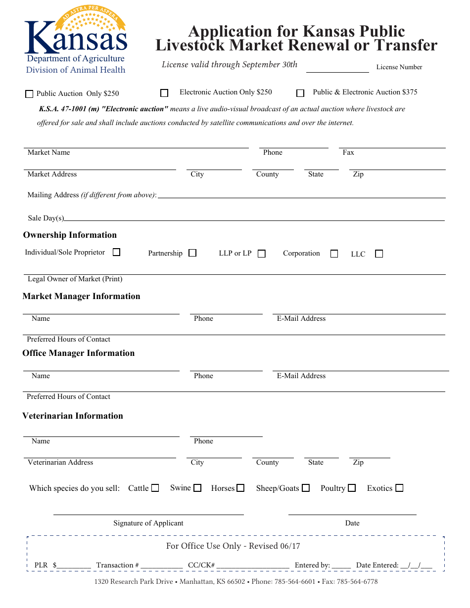 Application for Kansas Public Livestock Market Renewal or Transfer - Kansas, Page 1