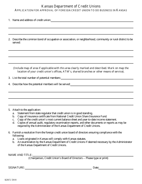 Application for Approval of Foreign Credit Union to Do Business in Kansas - Kansas Download Pdf