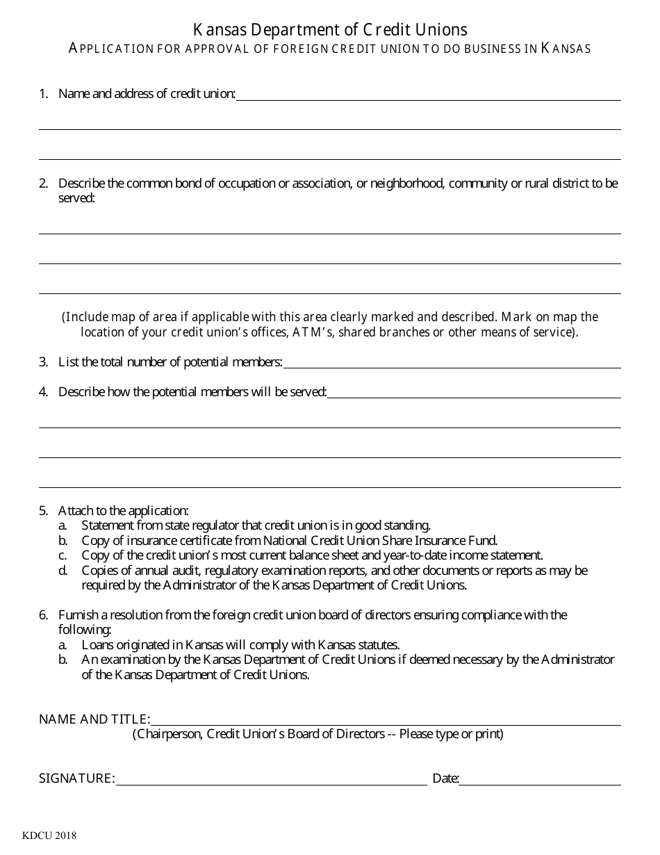 Application for Approval of Foreign Credit Union to Do Business in Kansas - Kansas, Page 1