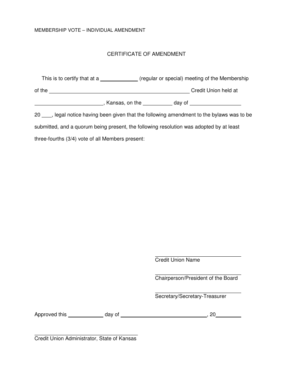 Certificate of Amendment - Membership Vote - Individual Amendment - Kansas, Page 1