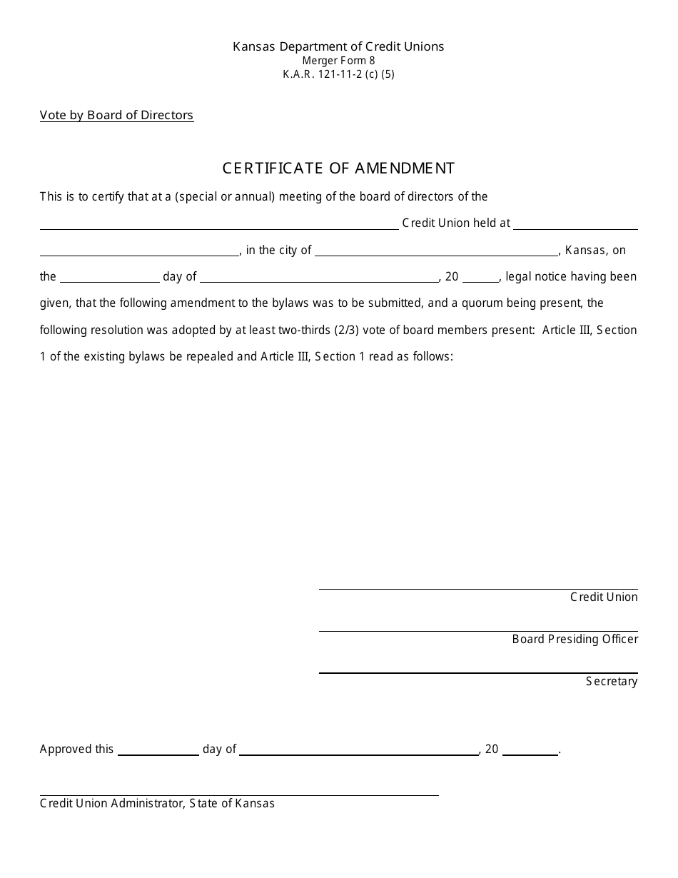 Form 8 Certificate of Amendment - Kansas, Page 1