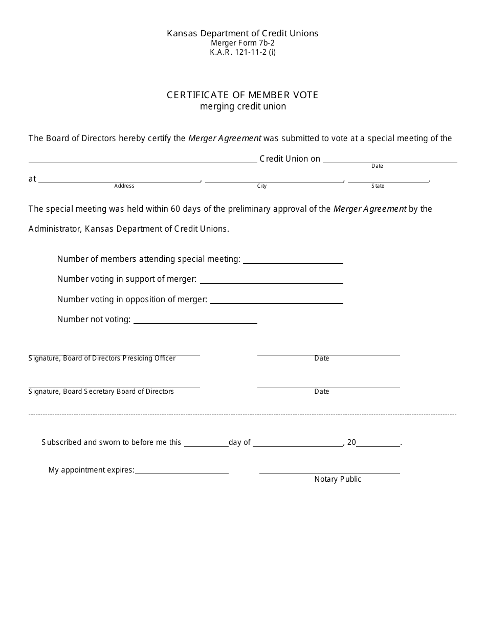 Form 7B-2 Certificate of Member Vote - Merging Credit Union - Kansas, Page 1