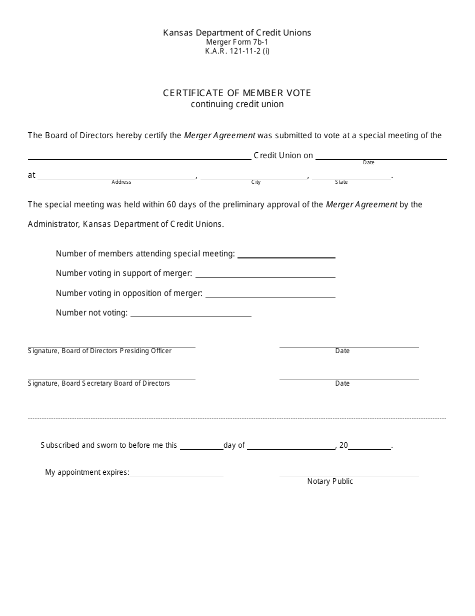 Form 7B-1 Certificate of Member Vote - Continuing Credit Union - Kansas, Page 1