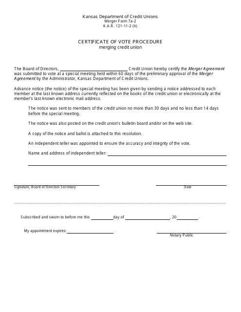 Form 7A-2 Certificate of Vote Procedure - Merging Credit Union - Kansas