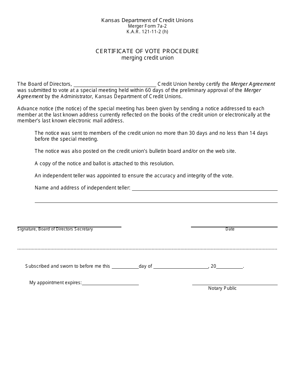 Form 7A-2 Certificate of Vote Procedure - Merging Credit Union - Kansas, Page 1