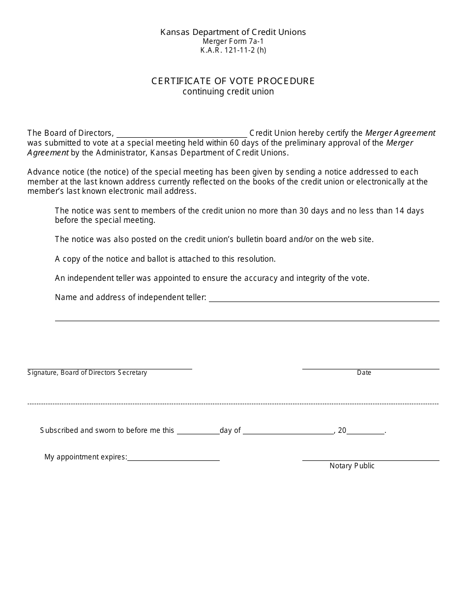 Form 7A-1 Certificate of Vote Procedure - Continuing Credit Union - Kansas, Page 1
