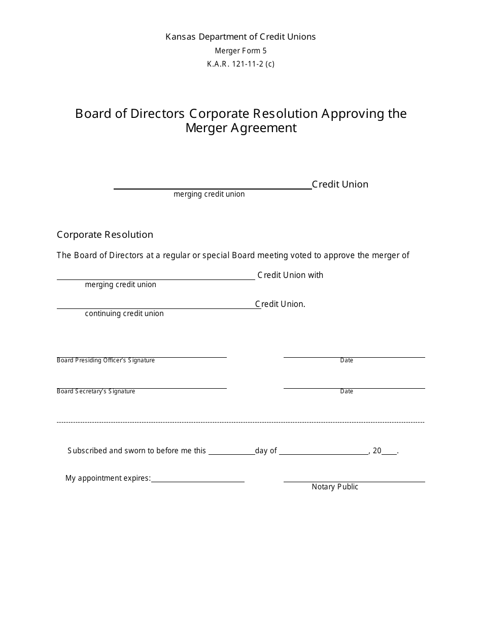 Form 5 Board of Directors Corporate Resolution Approving the Merger Agreement - Kansas, Page 1
