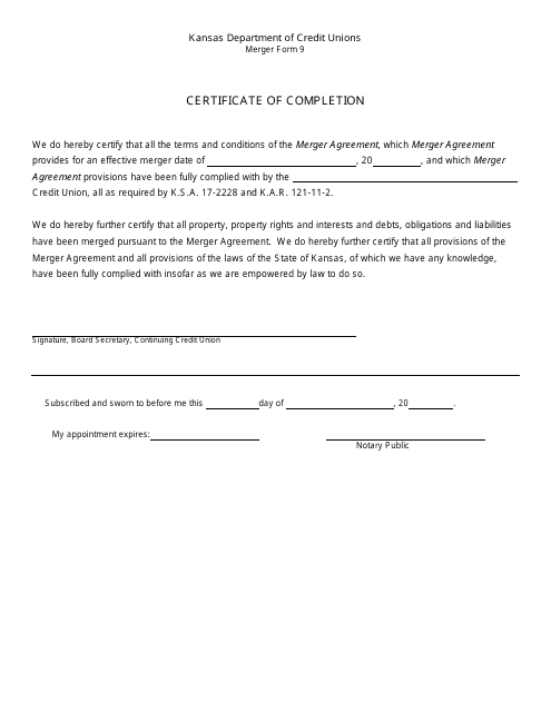 Form 9 Certificate of Completion - Kansas