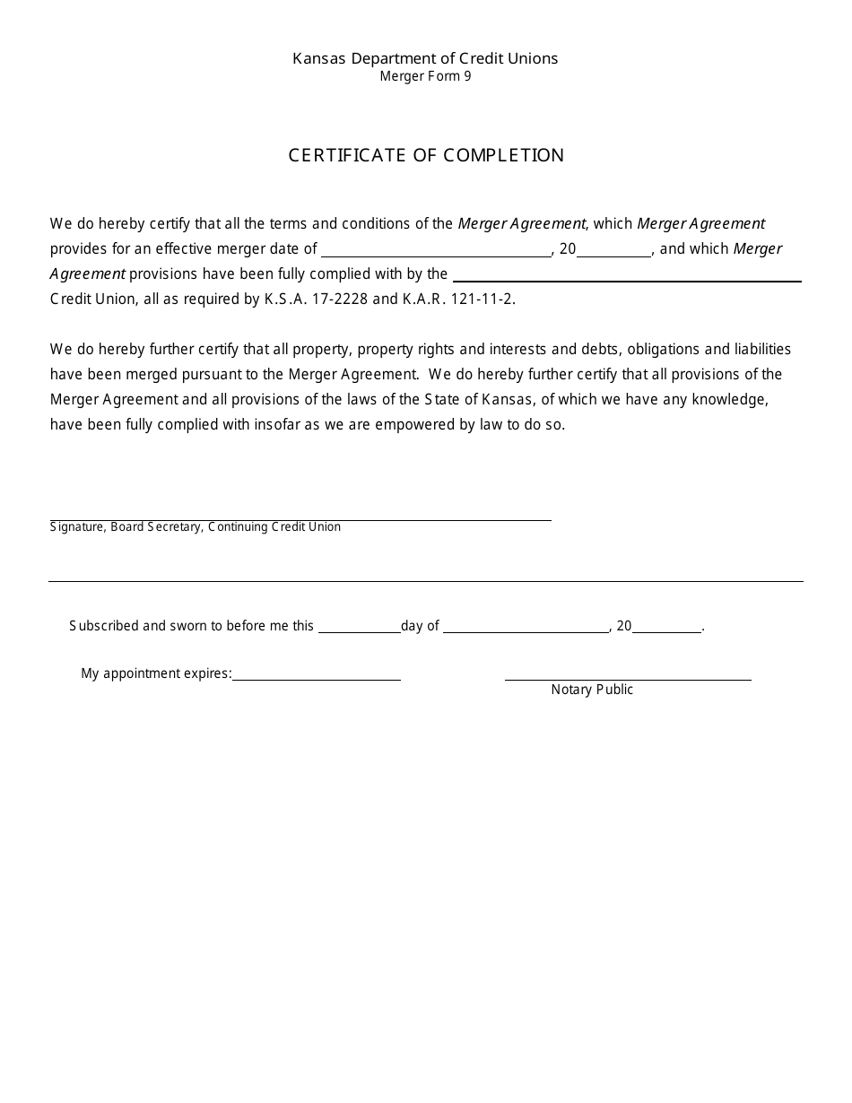 Form 9 Certificate of Completion - Kansas, Page 1