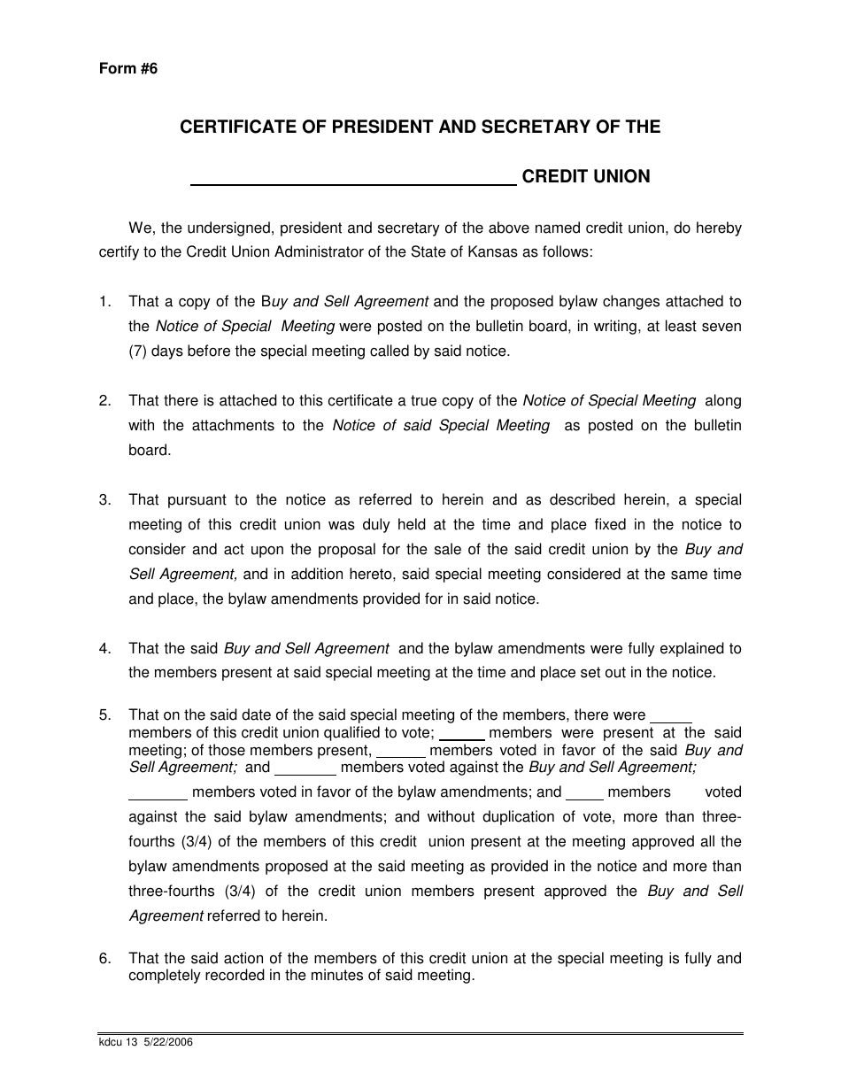 Forms and Procedures for Purchase and Sell Agreement of Kansas Chartered Credit Unions - Kansas, Page 13