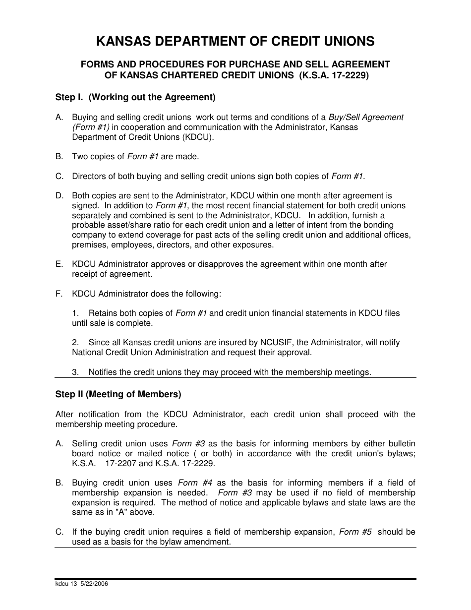 Forms and Procedures for Purchase and Sell Agreement of Kansas Chartered Credit Unions - Kansas, Page 1