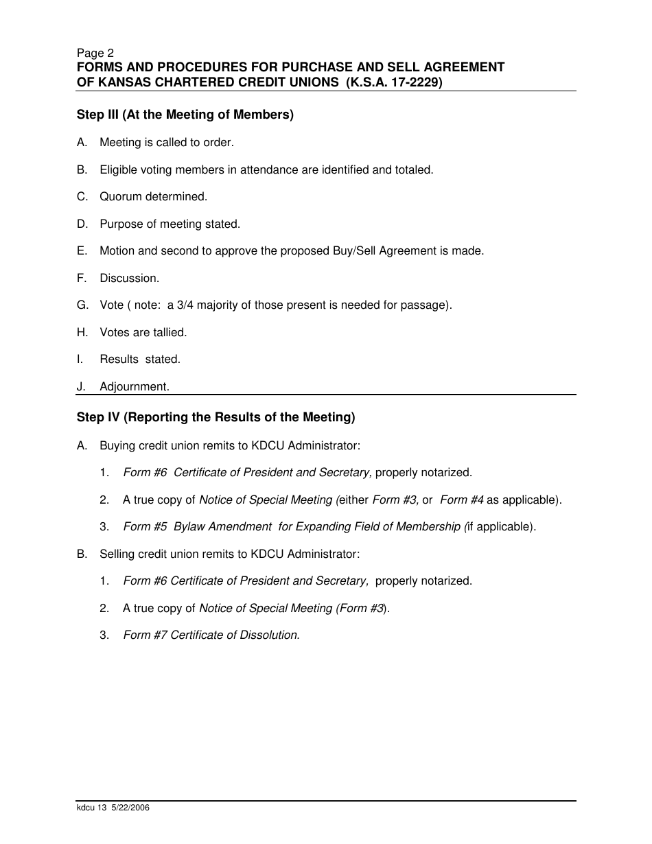 Forms and Procedures for Purchase and Sell Agreement of Kansas Chartered Credit Unions - Kansas, Page 2