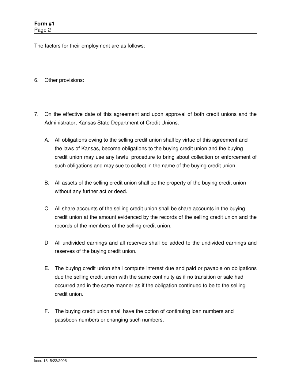 Forms and Procedures for Purchase and Sell Agreement of Kansas Chartered Credit Unions - Kansas, Page 5