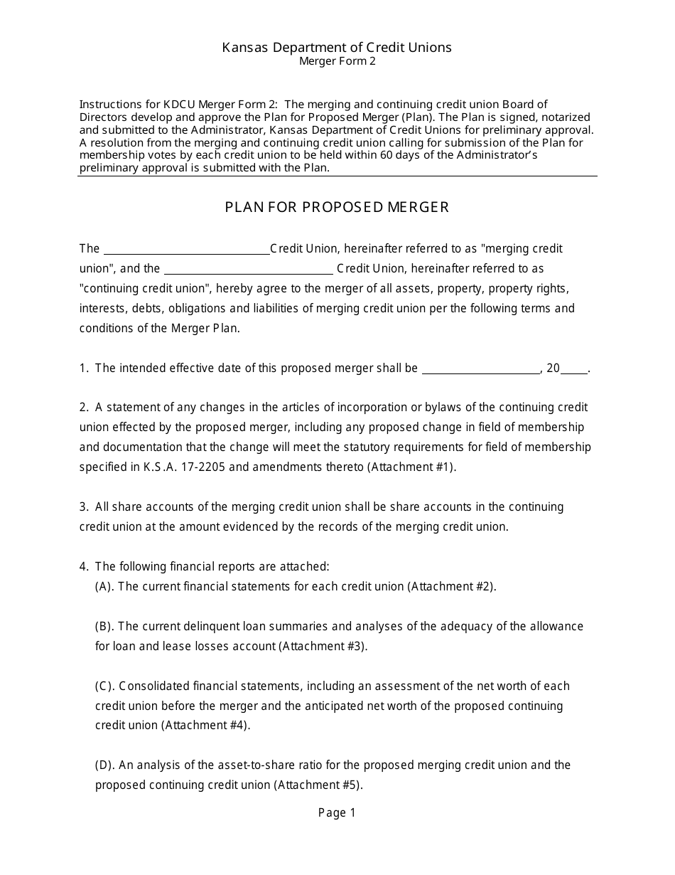 Form 2 Plan for Proposed Merger - Kansas, Page 1