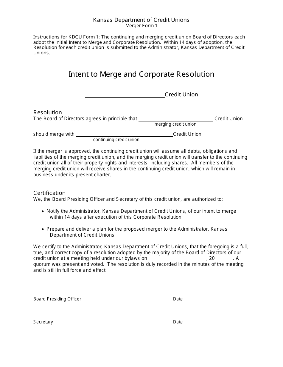 Form 1 Intent to Merge and Corporate Resolution - Kansas, Page 1