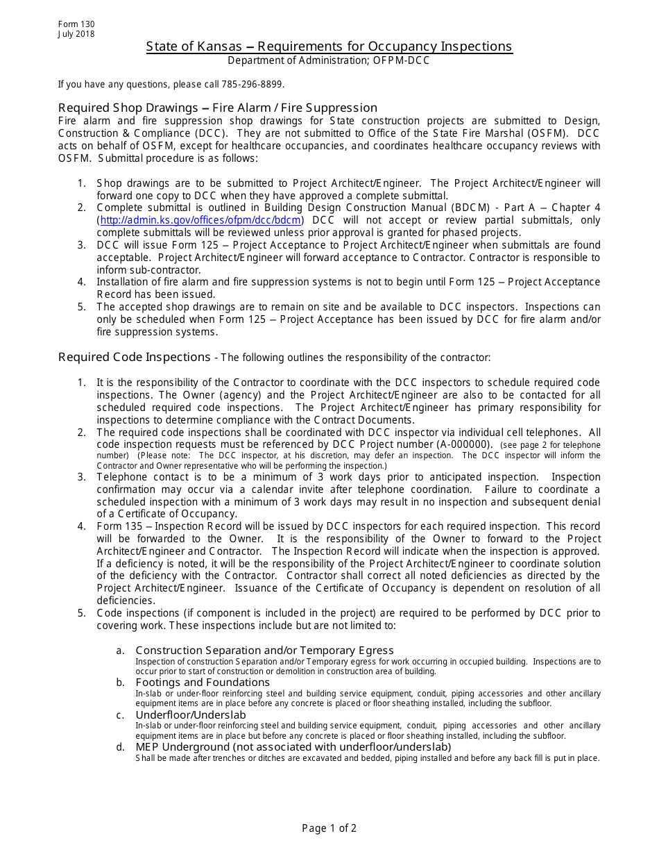 Form 130 State of Kansas - Requirements for Occupancy Inspections - Kansas, Page 1