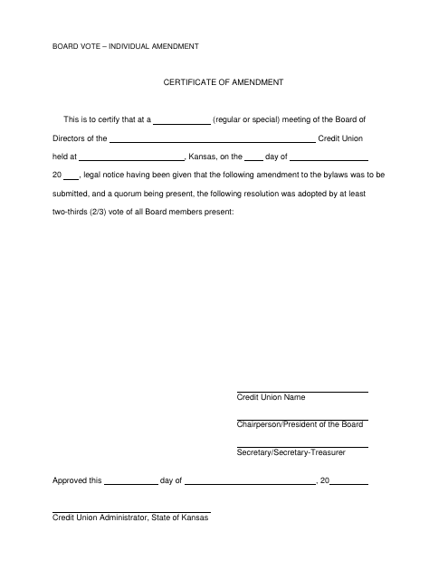 Certificate of Amendment - Board Vote - Individual Amendment - Kansas