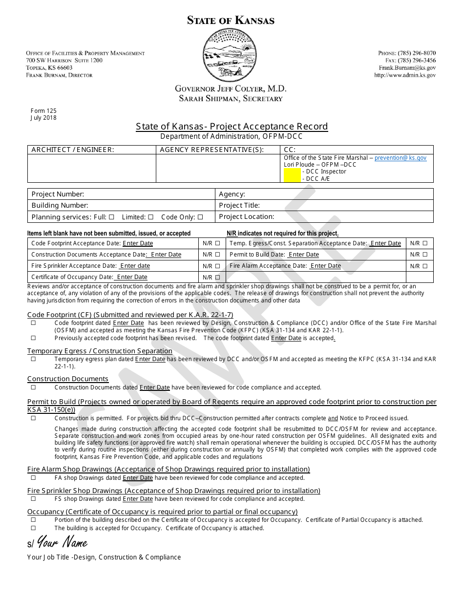 Form 125 State of Kansas- Project Acceptance Record - Sample - Kansas, Page 1