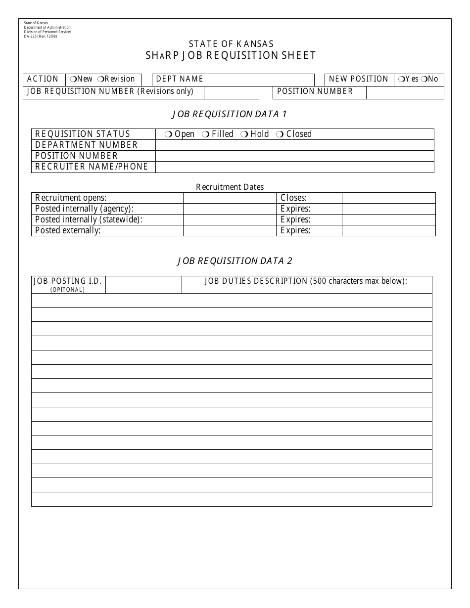 Form DA-225 Sharp Job Requisition Sheet - Kansas, Page 1
