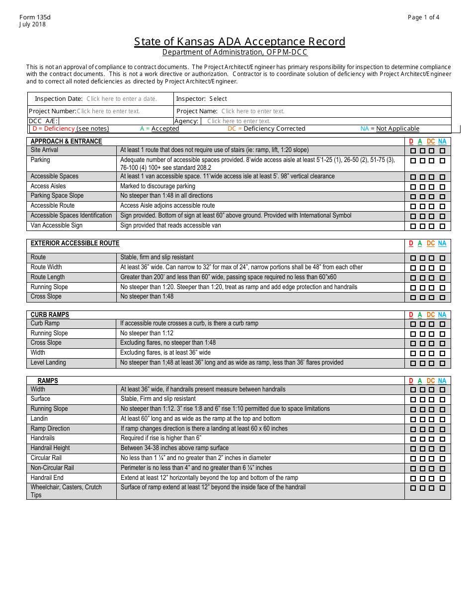 Form 135D State of Kansas Ada Acceptance Record - Kansas, Page 1