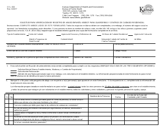 Document preview: Formulario CCL.002 Solicitud Para Verificacion De Registro De Abuso Infantil Kbi/Dcf Para Guarderias Y Centros De Cuidado Residencial - Kansas (Spanish)