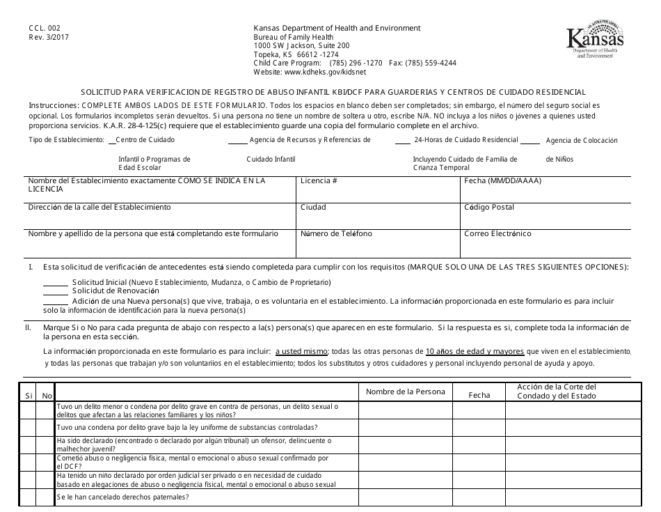 Formulario CCL.002 Solicitud Para Verificacion De Registro De Abuso Infantil Kbi / Dcf Para Guarderias Y Centros De Cuidado Residencial - Kansas (Spanish), Page 1
