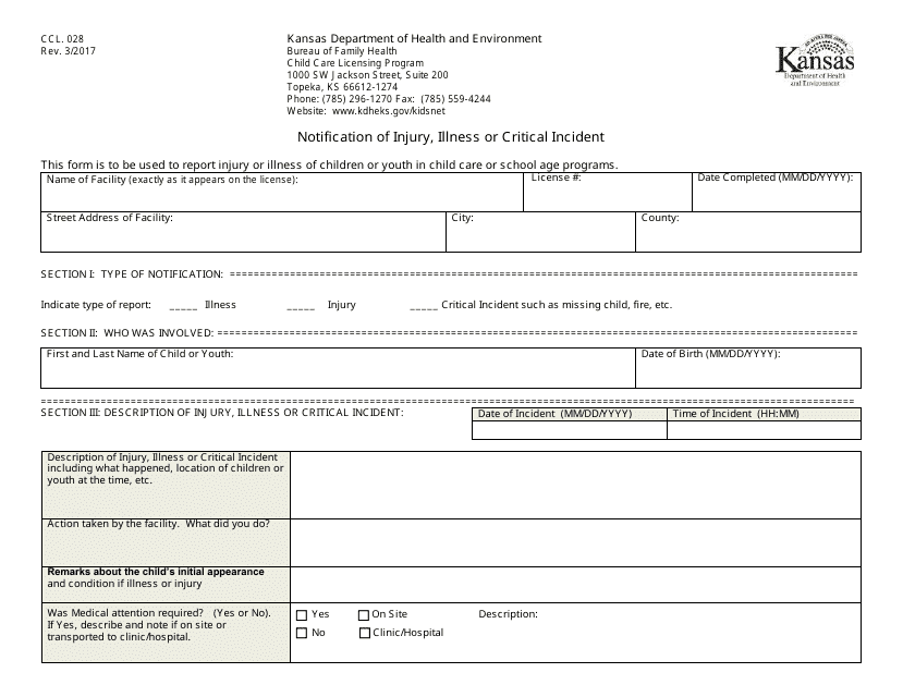 Form CCL.028 Notification of Injury, Illness or Critical Incident - Kansas