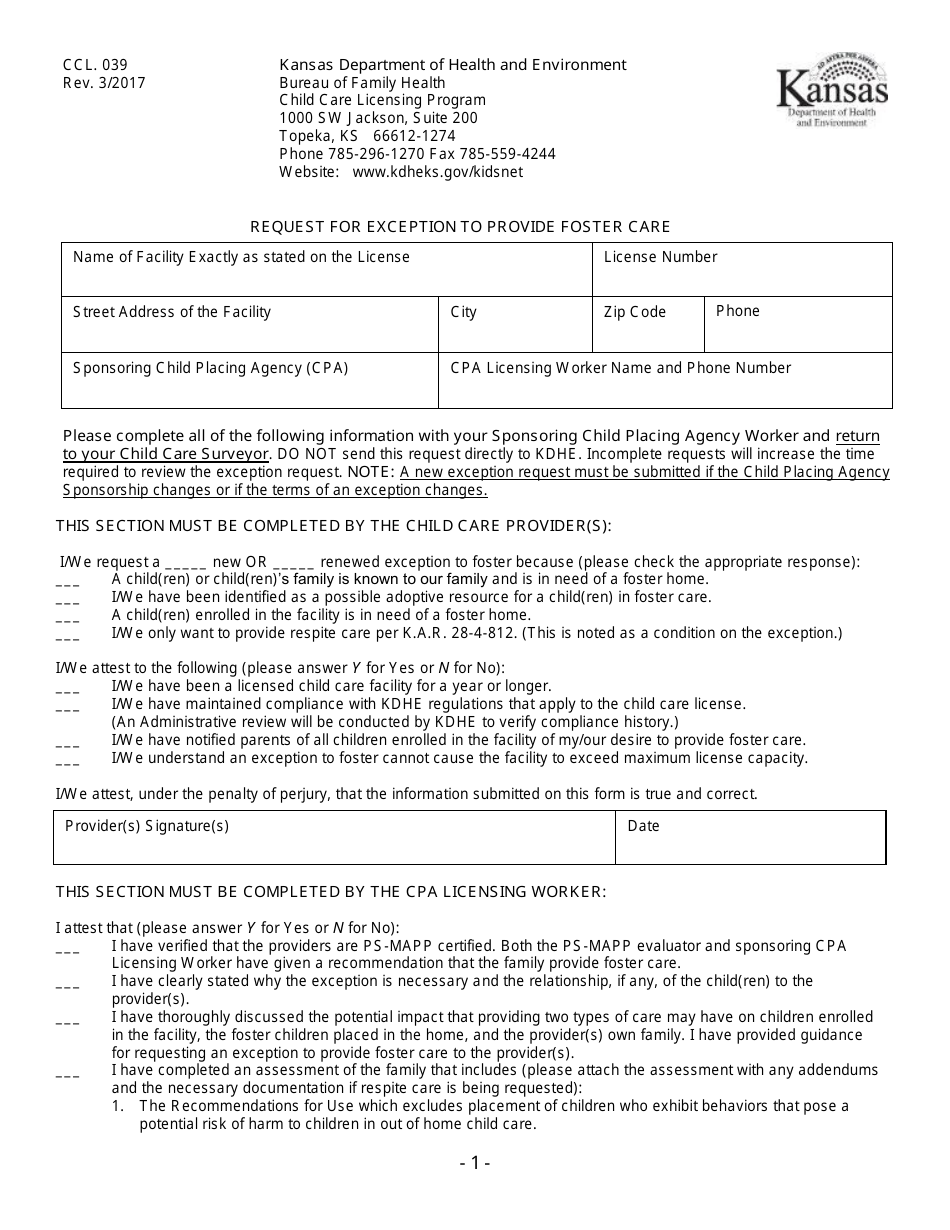 Form CCL.039 Request for Exception to Provide Foster Care - Kansas, Page 1