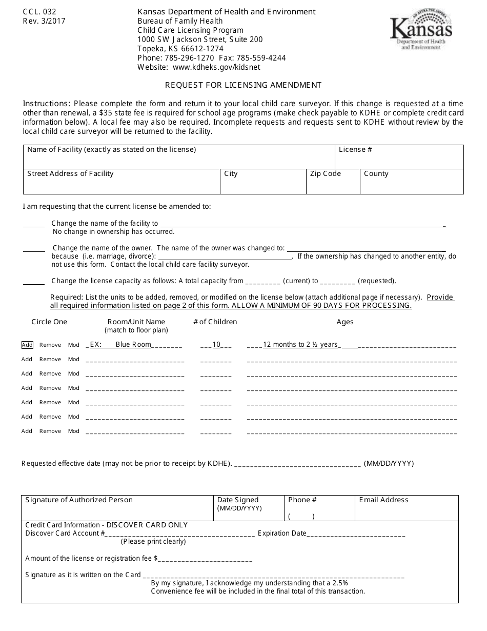 Form CCL.032 Request for Licensing Amendment - Kansas, Page 1