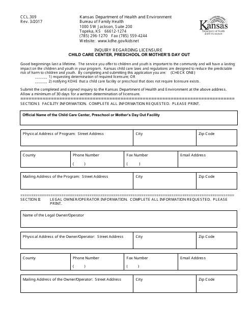 Form CCL.309 Inquiry Regarding Licensure Child Care Center, Preschool or Mother's Day out - Kansas