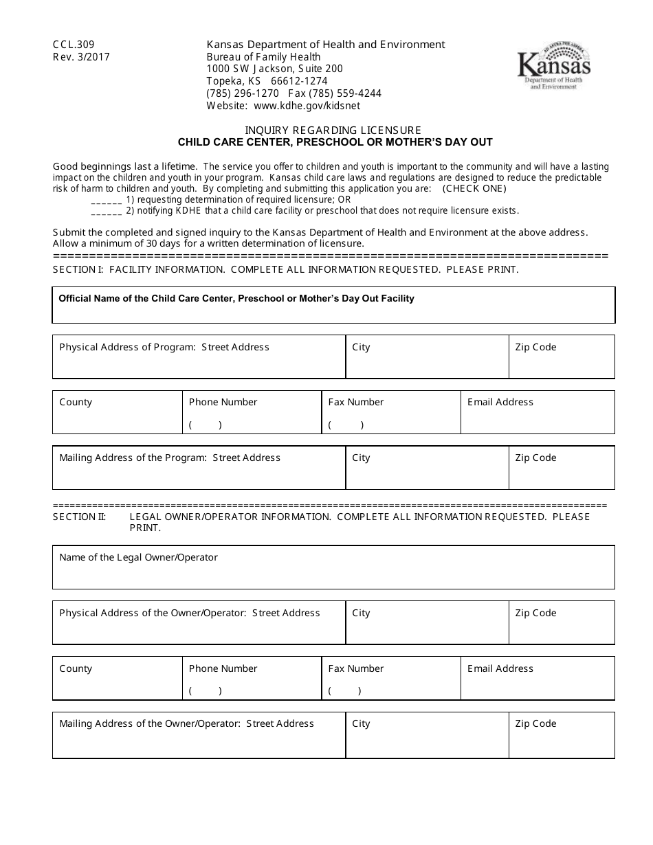 Form CCL.309 Inquiry Regarding Licensure Child Care Center, Preschool or Mothers Day out - Kansas, Page 1
