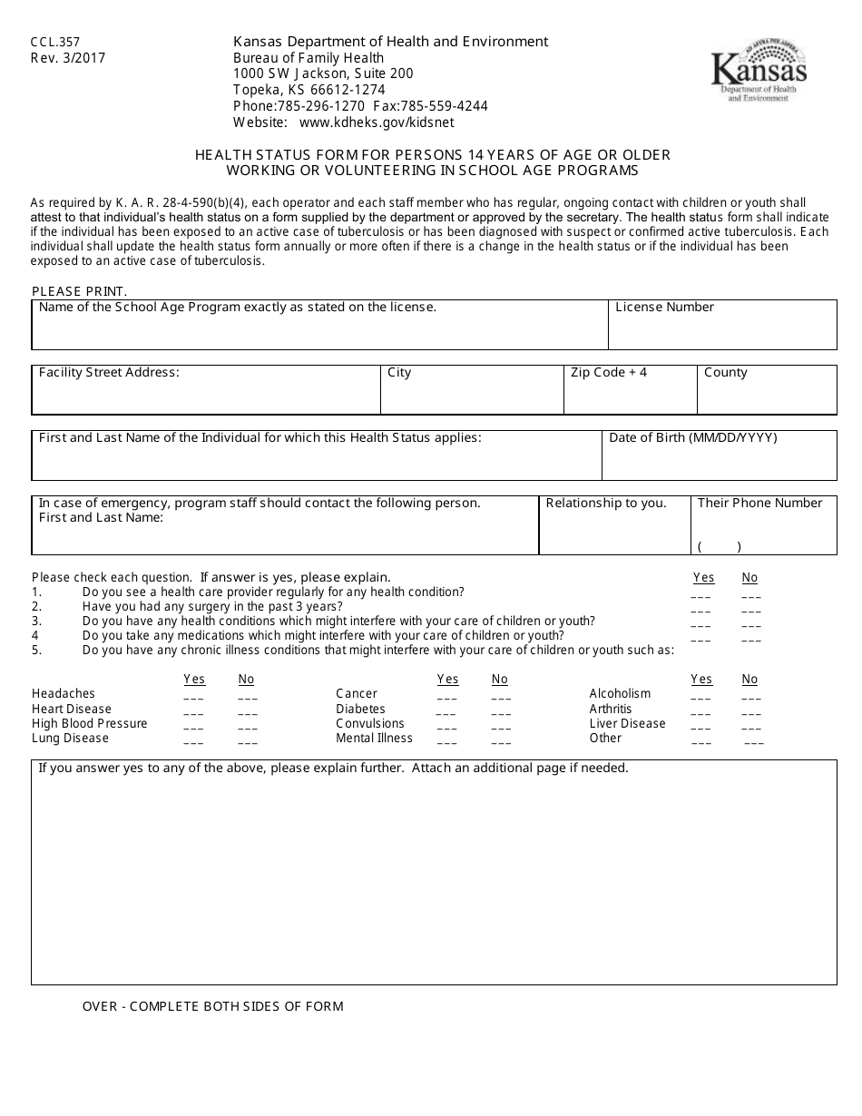 Form CCL.357 Health Status Form for Persons 14 Years of Age or Older Working or Volunteering in School Age Programs - Kansas, Page 1